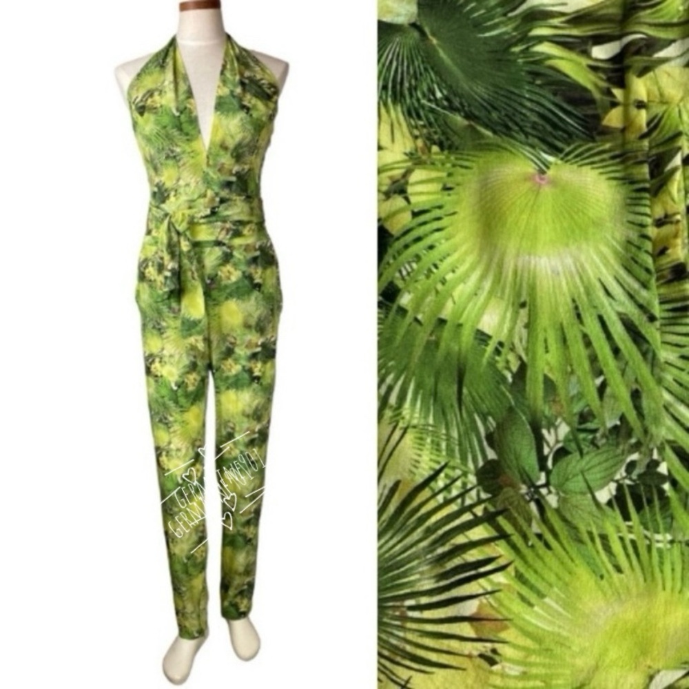 A.Brand Silk Jumpsuit Green Tropical Print Sz 40 8